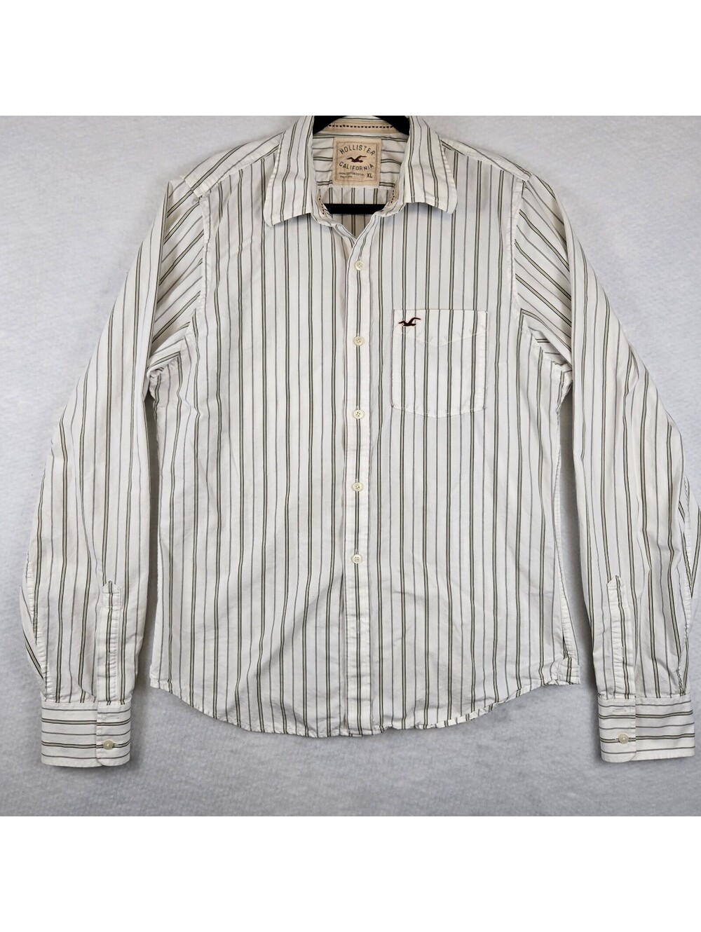 Hollister Men's Long Sleeve Striped Button-Down Shirt White XL Embroidered Logo